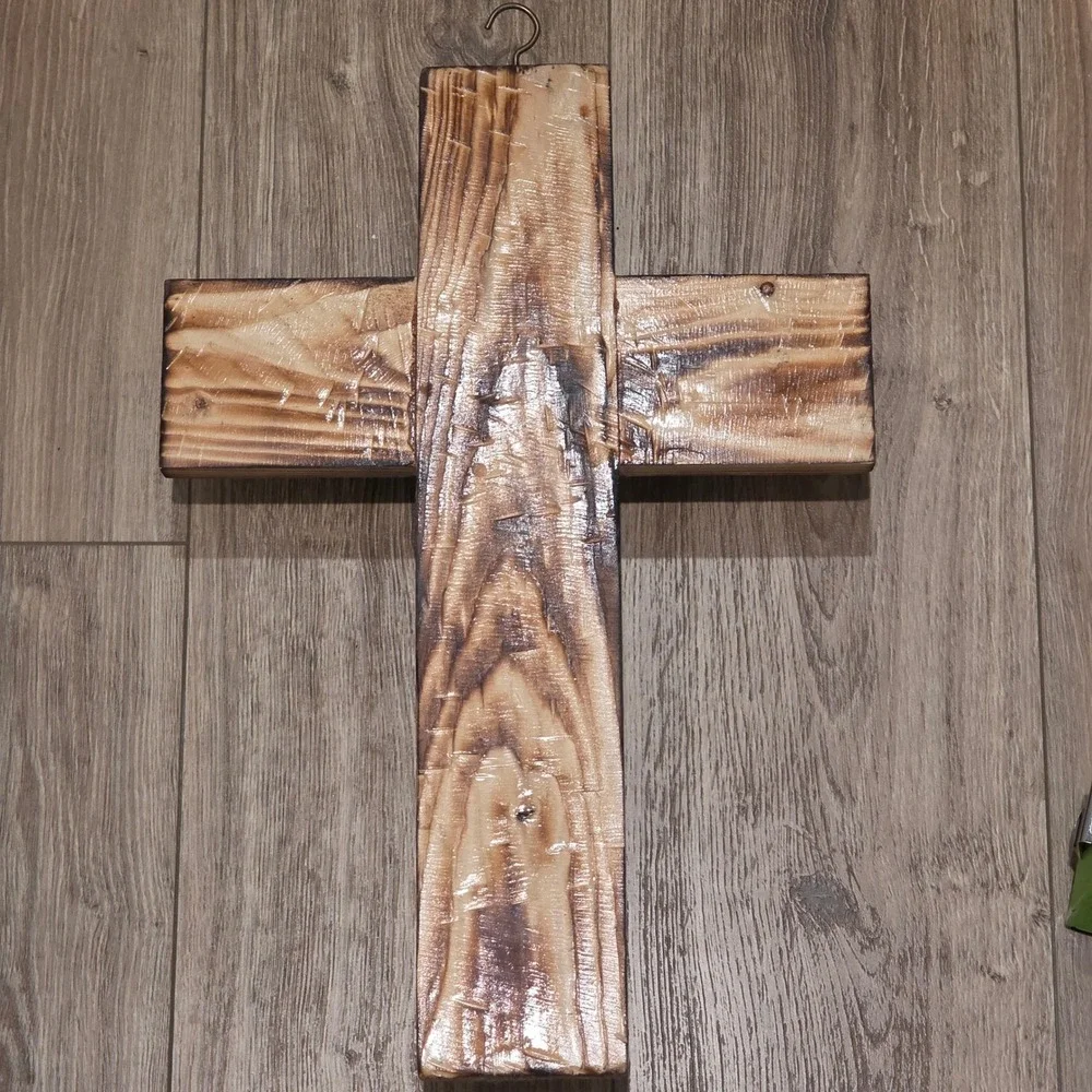 Handcrafted Distressed Wood Cross, Black Metal Nail Spikes, Rustic Spiritual Art